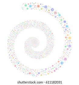 Solar System festive whirl spiral. Vector bright multicolored random symbols.
