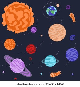 Solar system flat hand drawn set. Colorful childish planets, sun, meteorite, comet, stars, orbit. Galaxy system space on universe background kids card nursery design vector illustration
