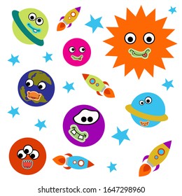 Solar system. Funny planets with funny faces. Cartoon style white background, isolation. Stock illustration. Educational and game manual. Suitable for decoration of children's clothing, rooms.