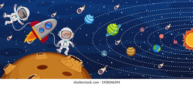 Solar system in the galaxy with an astronaut and a rocket ship illustration