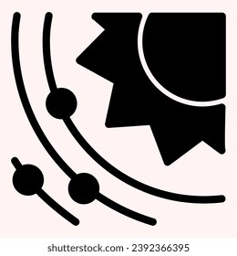Solar system glyph icon. Sun with planets and satellites. Astronomy vector design concept, solid style pictogram on white background, use for web and app. Eps 10