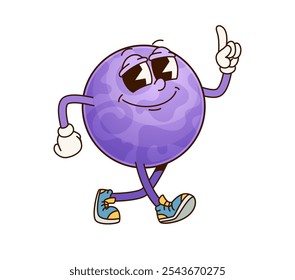 Solar system groovy planet character. Isolated cartoon vector cool purple space object teaching astronomy science for kids. Smart retro personage sports confident expression, walking and raised finger