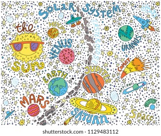 Solar System hand drawn detailed vector illustration with planets, asteroid belt, stars, comet, rocket, ufo. Decorative cartoon design for nursery, education class