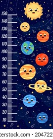 Solar system height meter for kids with planets and stars in childish style, printable funny galaxy growth chart on dark background, printable fantasy space wall ruller for children