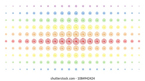Solar system icon spectrum halftone pattern. Vector solar system shapes are arranged into halftone array with vertical rainbow colors gradient. Constructed for backgrounds, covers,