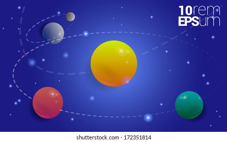 Solar system. Solar system icon. Sun and orbits. Earth and satellite. Earth and moon. Glossy planets on dark blue background. Vector illustration.