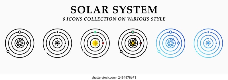 Solar system icons collection. 6 Various styles. Lineal, solid Black, flat, lineal color and gradient. For sign, symbol, presentation, infographic or web graphics. Vector Illustration.