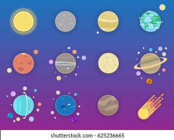 Solar system icons - planets, comet, satellite of the planets flat illustration
