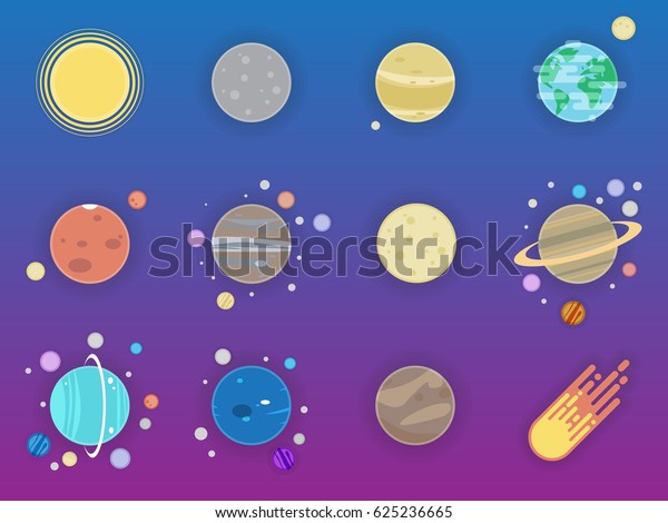 Solar system icons - planets, comet,\
satellite of the planets flat\
illustration