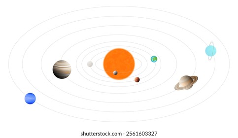 Solar System Illustration with 3D Sun and Planets. Realistic Isolated Illustration on White Background.