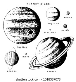 Solar system infographics in vector. Hand drawn illustration of planets in size comparison on white background.