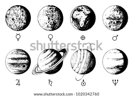 Solar system infographics in vector. Hand drawn illustration of eight planets on white background. 