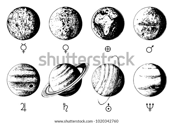 ベクター画像で表した太陽系の情報グラフィックス 白い背景に8つの惑星の手描きのイラスト のベクター画像素材 ロイヤリティフリー