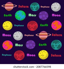 Solar system, isolated on background.Cute set with planets. Jupiter, Mars, Saturn, Earth, Moon, Venus, Neptune. Print  postcards. Vector illustration.