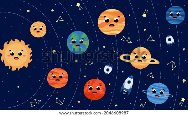 Solar System Kids Cute Faces Kawaii Stock Vector (Royalty Free ...