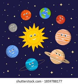 Solar system for kids. Cute sun and planets characters in cartoon style on dark space background. Vector illustration for kindergarten and school science education.