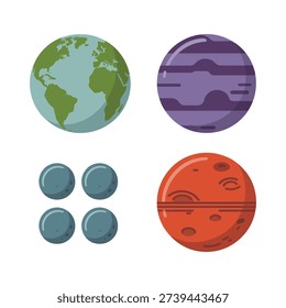 Solar system learning kit, earth and gas giant icons, gray moons, red planet, science fair session, astronomy classroom materials