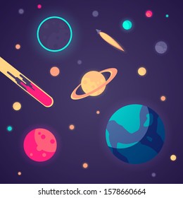 A solar system with many planets, a rocket and an asteroid.