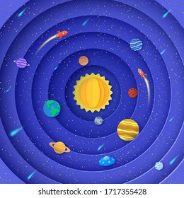 Solar System Model In Paper Cut Style. Round Layers Galaxy Space With Cartoon Planets, Two Red Polygonal Rockets, Comets And Origami UFO. 3d Vector Background With Flying Saucer In Starry Night Sky