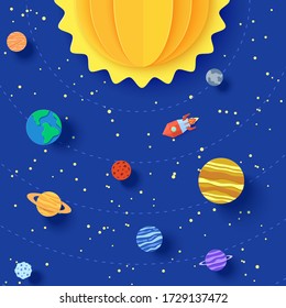Solar system model in paper cut style. Cartoon planets, red polygonal rocket and origami UFO. 3d vector background with flying saucer in starry night sky. Children's illustration of paper craft galaxy