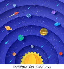 Solar system model in paper cut style. Round layers galaxy space with cartoon planets, red polygonal rocket, comets and origami UFO. 3d vector background with flying saucer in starry night sky.