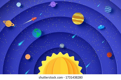 Solar system model in paper cut style. Round layers galaxy space with cartoon planets, red polygonal rocket, comets and origami UFO. 3d vector background with flying saucer in starry night sky.