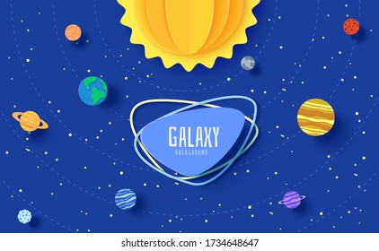 Solar system model in paper cut style. Cartoon planets, red polygonal rocket and origami UFO. 3d vector background with flying saucer in starry night sky. Children's illustration of paper craft galaxy