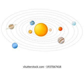 Modelo de sistema solar con planetas solares y objetos espaciales de correa asteroide ilustración vectorial sobre fondo blanco