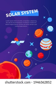 Solar system - modern colorful isometric web banner with copy space for text. Galaxy, space exploration idea. Planets illustration with the sun, galaxy, Earth, Mars, Saturn, Jupiter, Neptune