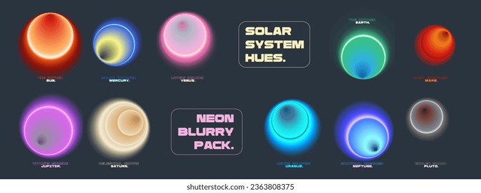 Solar System Neon Gradient Collection. Abstract Space Art. Cyberpunk Galaxy Blurred Circular Visuals with Hues of Space Planets with Luminescent Astrophysics Aesthetics