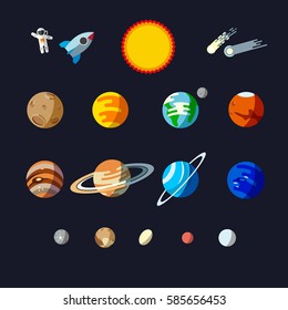 Solar system objects, flat style set. Planets and small planets such as Ceres, Pluto, Haumea, Makemake, Eris.