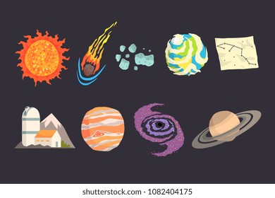 Solar system objects set. Colorful collection of cosmos, planetary science, astronomy Illustrations