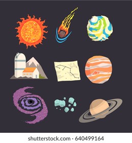 Solar system objects set. Colorful collection of cosmos, planetary science, astronomy Illustrations