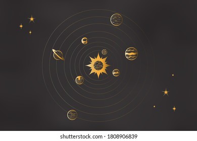 Solar system in outline style. Vector illustration of planets and stars in golden gradient on black background. Astronomy concept. Design element for clipart, prints, logotypes, icons. Top view.