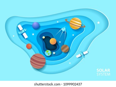 Solar System In Paper Art Style. Galaxy Paper Cut With Satellites And Planets. Vector Illustration Design.