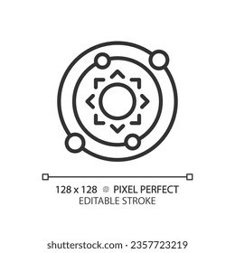 Solar system pixel perfect linear icon. Celestial bodies. Milky way. Planetary orbit. Space exploration. Thin line illustration. Contour symbol. Vector outline drawing. Editable stroke