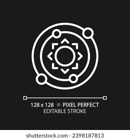 Solar system pixel perfect white linear icon for dark theme. Celestial bodies. Milky way. Planetary orbit. Space exploration. Thin line illustration. Isolated symbol for night mode. Editable stroke