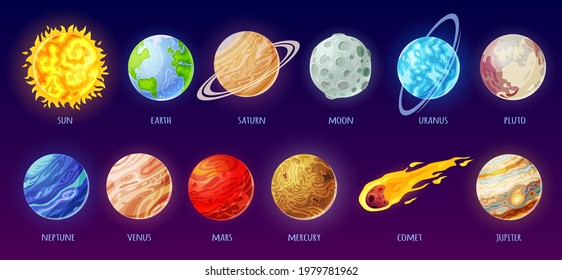 Solar system planet. Cartoon galaxy planets, star, comet, sun, earth, moon, mercury. Universe space astronomy science for kids vector set. Universe space bodies for preschool education