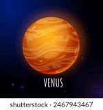 Solar system planet. Colorful sticker with round globe of planet Venus. Object from cosmos or outer space. Studying Astronomy. Cartoon flat vector illustration isolated on starry sky background