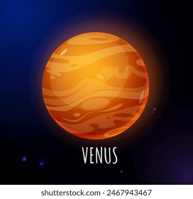 Solar system planet. Colorful sticker with round globe of planet Venus. Object from cosmos or outer space. Studying Astronomy. Cartoon flat vector illustration isolated on starry sky background