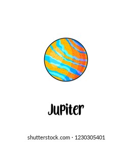 Solar system planet hand drawn cartoon vector illustration. Doodle space clipart. Cartoon Jupiter planet with signed name. Galaxy. Cosmic icon. Astronomy for kids isolated color design element