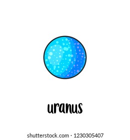 Solar system planet hand drawn cartoon vector illustration. Doodle space clipart. Cartoon Uranus planet with signed name. Galaxy. Cosmic icon. Astronomy for kids isolated color design element