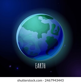 Solar system planet. Icon with Earth in outer space. Globe with water, land and life. Cosmic body in galaxy. Exploring universe. Cartoon flat vector illustration isolated on starry sky background