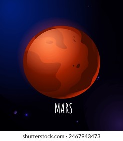 Solar system planet. Icon or sticker with red rocky Mars in outer space of Milky Way galaxy. Astronomical exploration of universe. Cartoon flat vector illustration isolated on starry sky background