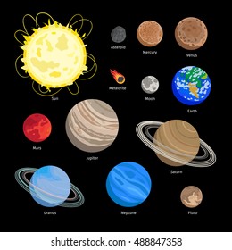 Solar system planet icons in flat style. Astronomical vector space object isolated on black. Jupiter and earth, moon and sun, asteroid and meteorite
