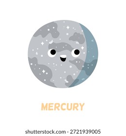 Planeta do sistema solar, personagem isolado de mercúrio bonito com cara engraçada de sorriso. Vetor em adesivo plano, educacional para as crianças aprenderem cosmos e universo. Rótulo ou emoticon do corpo celeste