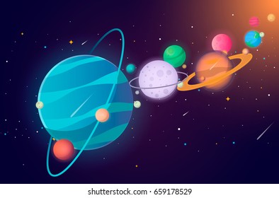 The solar system, the planet on the universe starry background. Vector illustration, modern cartoon style. EPS10