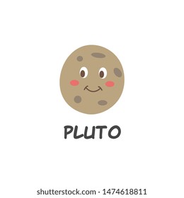 Solar system planet Pluto with eyes and face. Isolated space illustration in flat cartoon style.