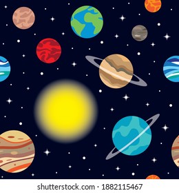 Solar system planet seamless pattern. Galaxy, space, cosmic exploration. Vector illustration.