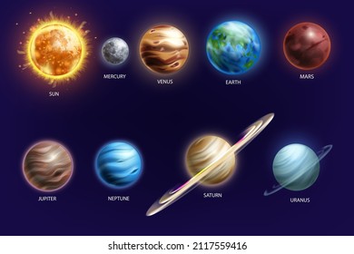 Solar system planet set, vector galaxy space planetary illustration, Sun, Earth, Mars, Mercury, Neptune. 3D astrology cosmos icon kit, science realistic background, Venus, Saturn, Uranus. Solar system